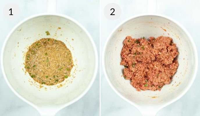 A white bowl with meatballs before and after mixing in all the ingredients.