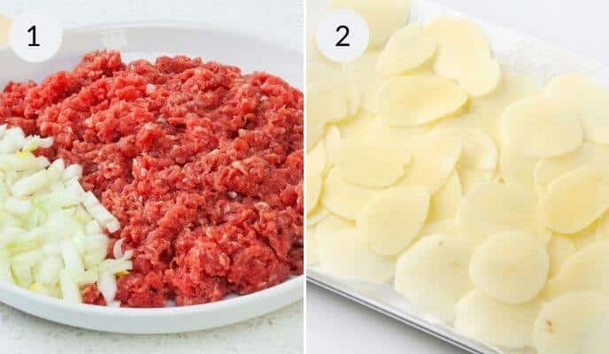 Side-by-side image: Left shows a beef pasty mixture of ground meat with chopped onions in a dish labeled "1." Right displays thinly sliced potatoes on a tray labeled "2.