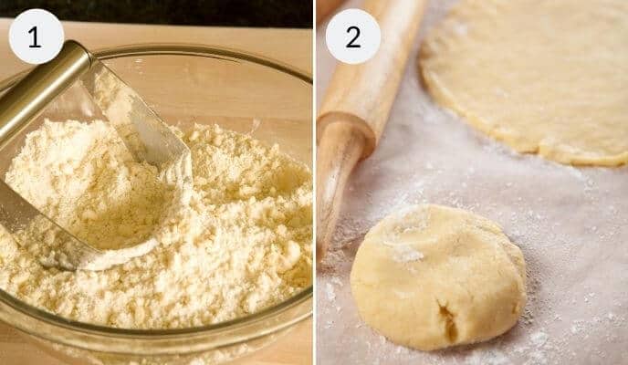 The image captures two steps in making pie dough for a beef pasty: flour mingling with butter under a pastry cutter, and the rolled-out dough with a rolling pin on a floured surface.