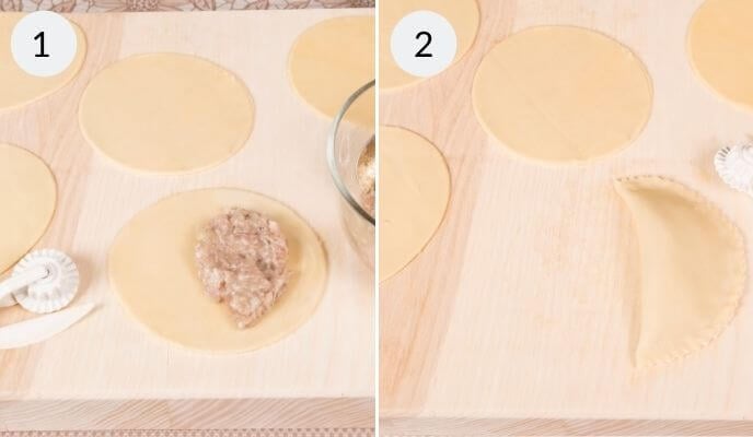 Steps to make beef dumplings: Image 1 showcases dough rounds with filling, reminiscent of a beef pasty; Image 2 displays a neatly folded, sealed dumpling resting on a wooden surface.