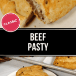 A classic beef pasty sits invitingly on two plates, its golden crust encasing a hearty filling exposed by a generous slice.