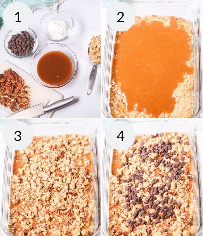 A series of photos showing how to make a caramel bar using chocolate and oatmeal bars.