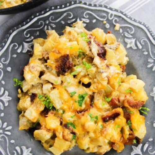 A serving of the dish on a decorative gray plate.