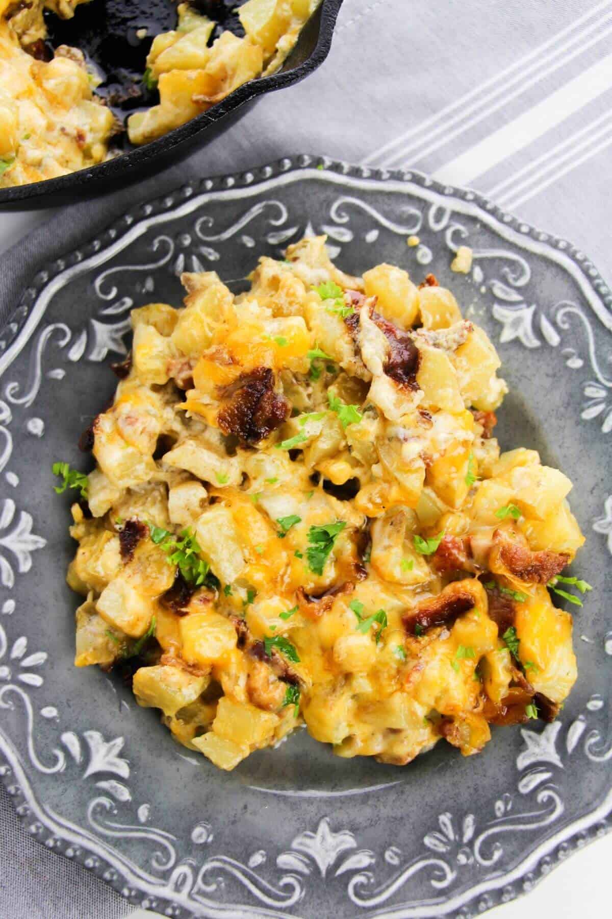 A serving of the dish on a decorative gray plate.