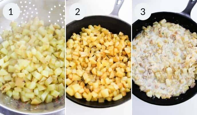 Three steps of cooking: diced potatoes in a colander, diced potatoes browning for a Cast Iron Skillet Breakfast, and potatoes simmering in a creamy sauce in the skillet.