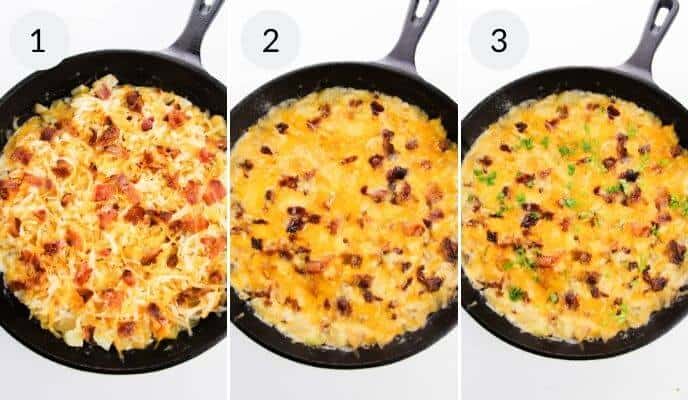 Three images each featuring a baked cheesy casserole: the first with visible bacon, the second even more melted, and the third finished with chopped green herbs.