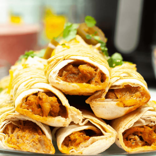 A stack of the Chicken air fryer Taquitos.