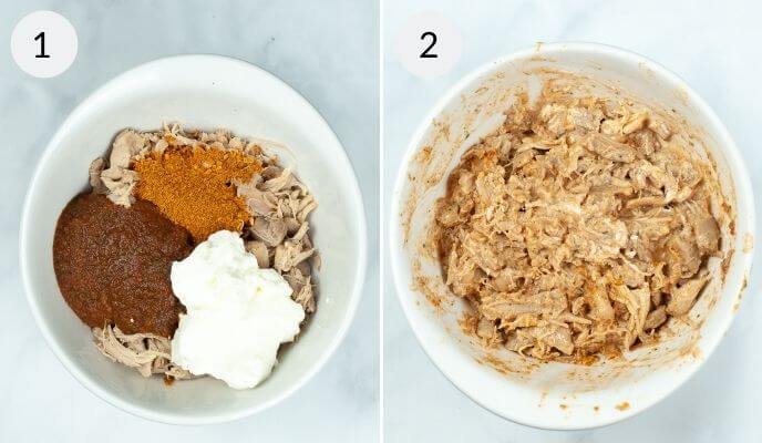 Two images showing steps to prepare Air Fryer Taquitos: 1) ingredients like spices, sauce, and yogurt in a bowl with meat. 2) mixed ingredients creating a seasoned meat mixture
