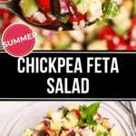 Top and bottom views of a chickpea feta salad with tomatoes, cucumbers, and olives, marked "summer" in a vibrant graphic.