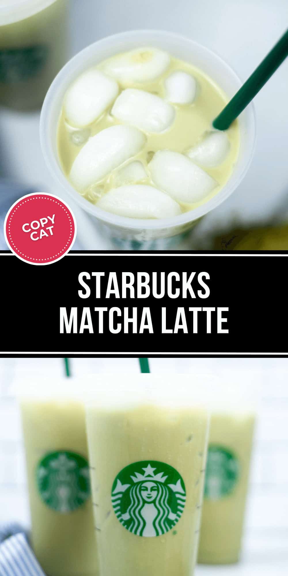Top image features an enticing iced matcha latte in a clear cup with a green straw; the bottom image showcases three identical iced matcha lattes, proudly sporting Starbucks logos on the cups, capturing the essence of this refreshing beverage.