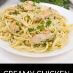 A white plate of chicken pesto pasta features spaghetti mixed with creamy pesto sauce and pieces of cooked chicken, garnished with chopped parsley.