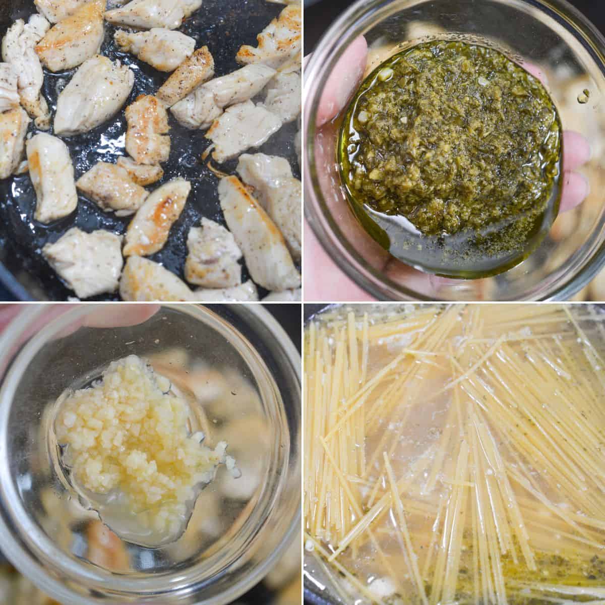 Four images showing cooked chicken pieces, a jar of pesto sauce, a spoonful of minced garlic, and uncooked pasta in boiling water—ingredients coming together for delicious chicken pesto pasta.