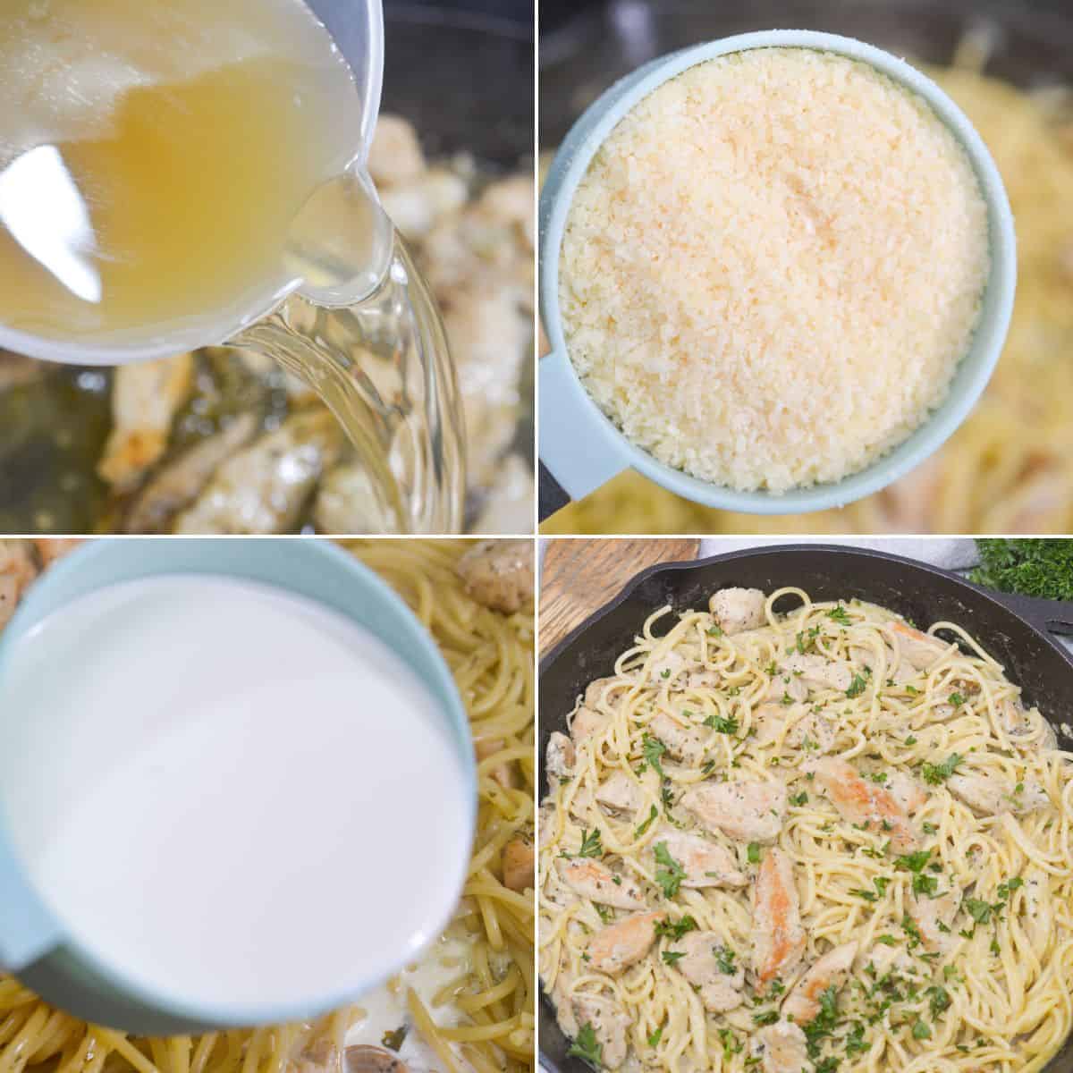 Four images show stages of cooking chicken pesto pasta: pouring broth, adding grated cheese, pouring cream in a pan.