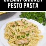 A plate of creamy chicken pesto pasta with tender chicken breast and chopped parsley, served on a white surface beside fresh parsley. This chicken pesto pasta is perfect for a flavorful, comforting meal.