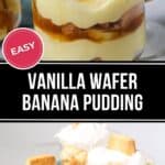 Three glasses of Easy Banana Pudding with vanilla wafers, layered with cream and banana slices, topped with whipped cream and a wafer. A red "easy" label adorns the image.