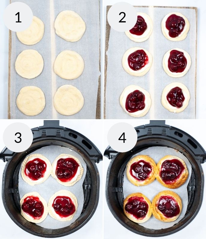 Dough layed out on a tray, then with cheese and cherries added and then before and after air frying.