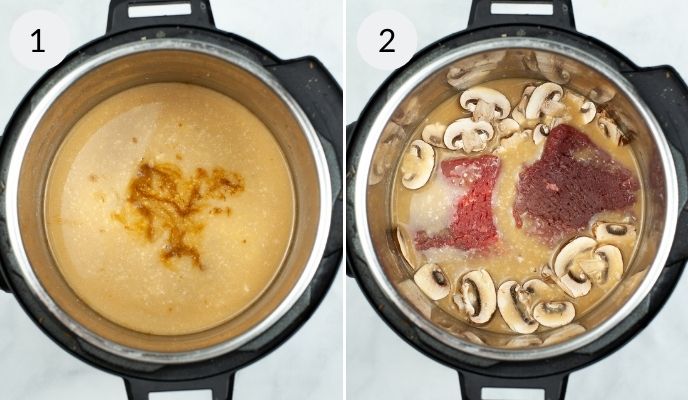 Instant pot with the ingredients before and after cooking.