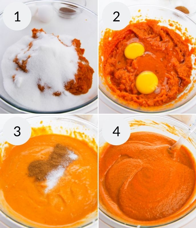 Ingredients in a bowl before mixing, with eggs added and the final mixture.