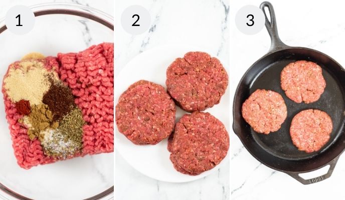 Adding the seasoning to the ground beef in a clear glass bowl, forming beef into patties and then placing them in the cast iron pan.