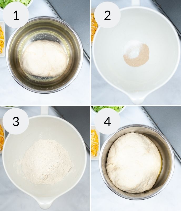Making the Pizza dough. Bowl of water then with yeast added then the final mix.