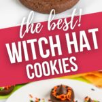 A closeup on a completed witch hat cookie and five cookies on a white tray.