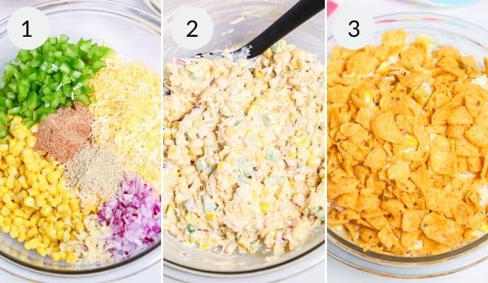 Step 1: Ingredients for a Frito salad neatly arranged in a bowl. Step 2: Ingredients mixed together. Step 3: Salad topped with crushed chips.