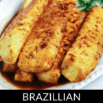A close-up of Brown Sugar Glazed Pineapple slices, caramelized to perfection and grilled to a golden brown, labeled "Brazilian Grilled Brown Sugar Glazed Pineapple.