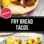 Plate with delicious fry bread tacos topped generously with savory ground meat, crisp lettuce, juicy tomatoes, melted cheese, and crunchy onions.