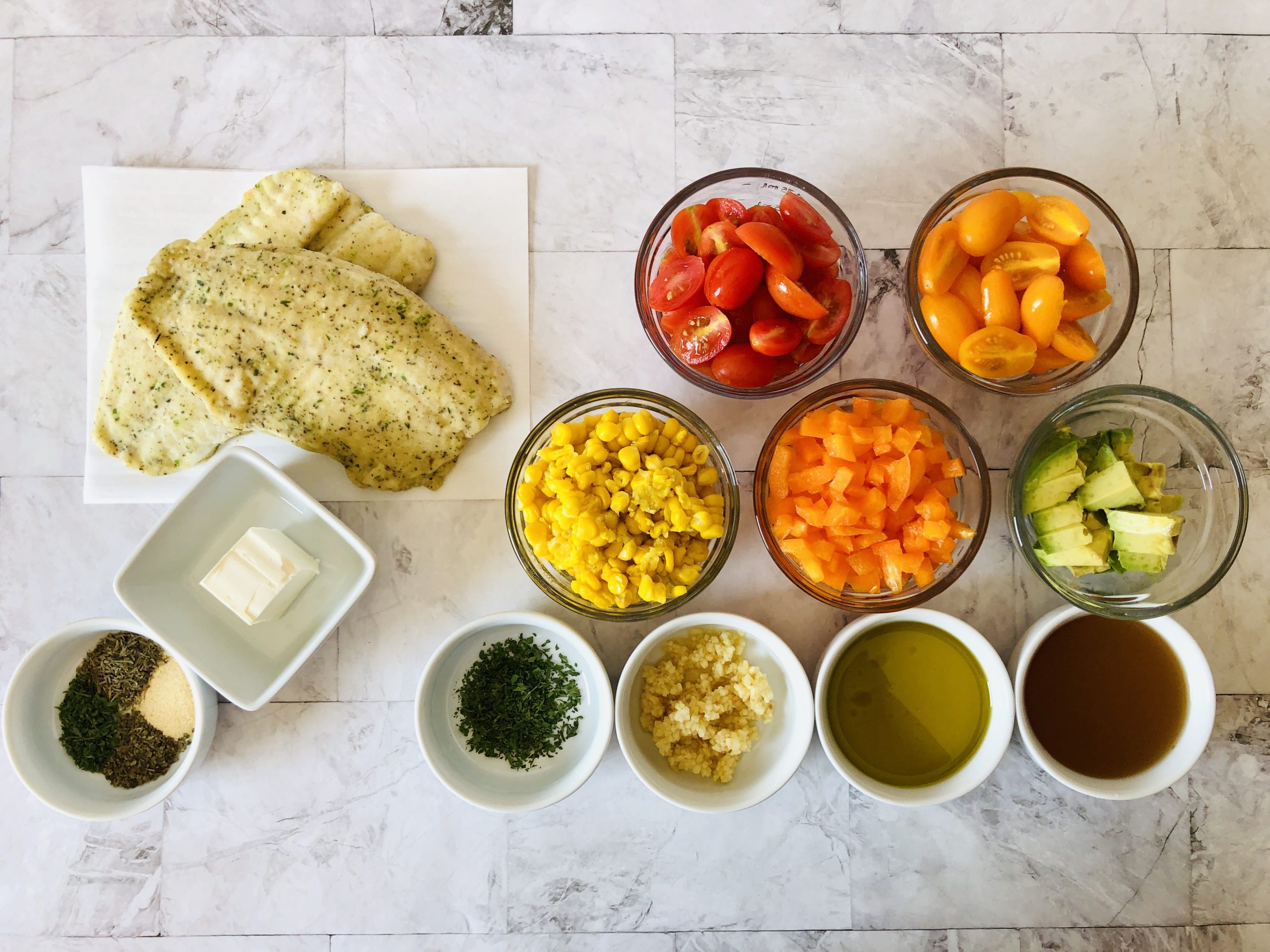 Fish, corn tomatoes, apple cider, etc for the Oven Baked Haddock with Corn Salad.