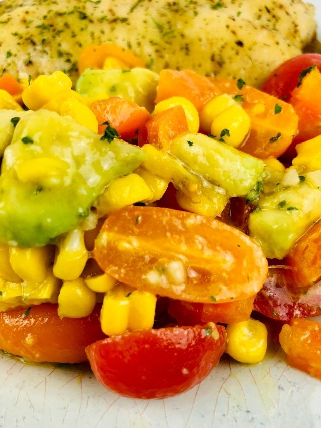 Oven Baked Haddock with Corn Salad with a closeup on the corn salad.