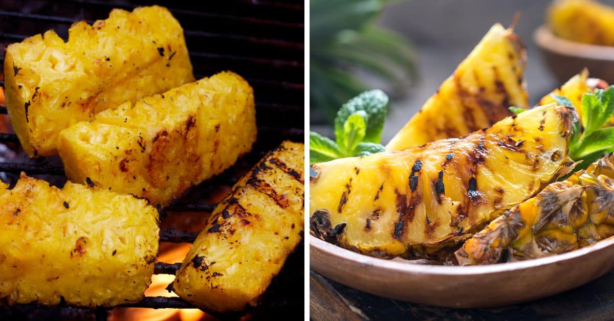 A split image shows pineapple chunks being grilled on skewers with a brown sugar glaze on the left, and grilled pineapple wedges served on a wooden plate garnished with mint leaves on the right.