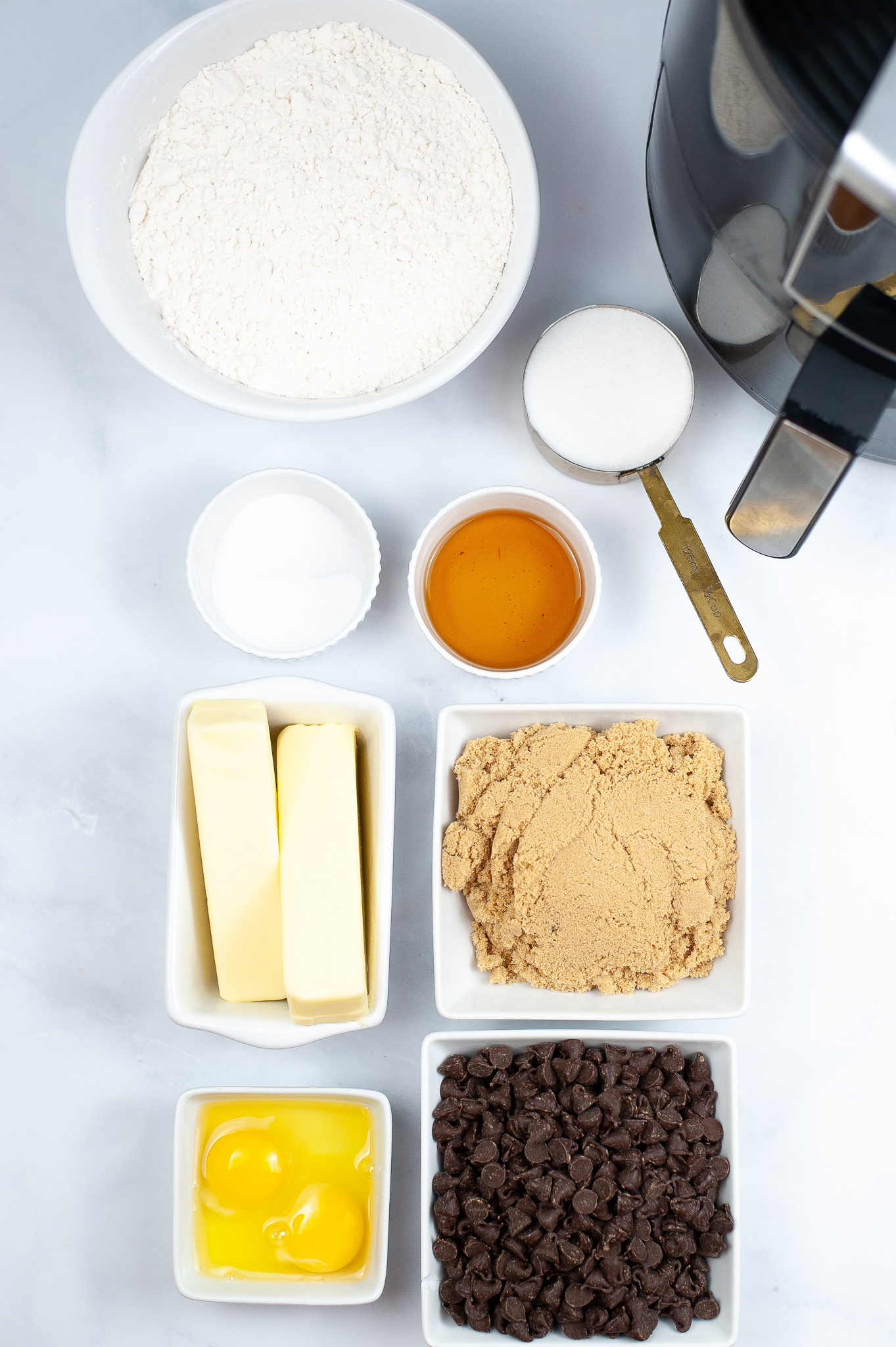 Sugar butter, vanilla, flour needed to make Air Fryer Chocolate Chip Cookies.