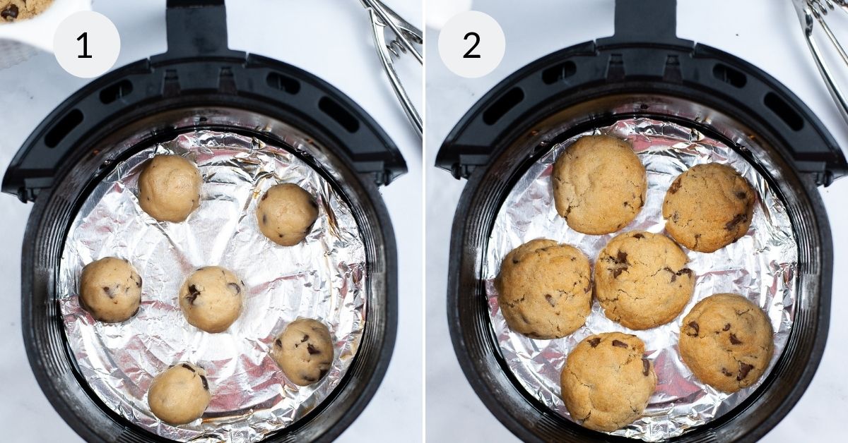 Cookie dough in air fryer before and after baking.