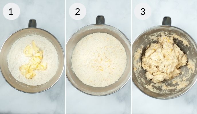 Bowl with the milk and flour and then the completed dough.