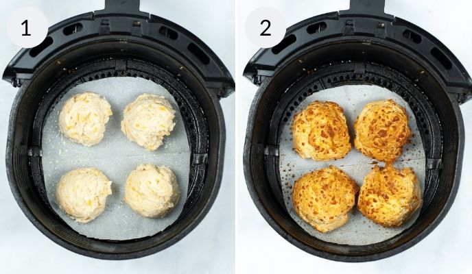 Dough in the air fryer and after cookin the competed Air Fryer Cheddar Bay Biscuits.