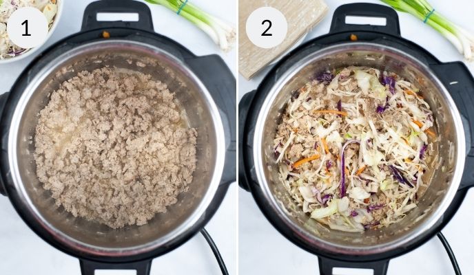 Instant pot filled with ingredients before and after cooking.