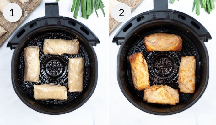 Chicken eggrolls in basket before and after cooking.
