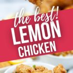 Chopstick holding a piece of Lemon Chicken and a bowl of lemon chicken.