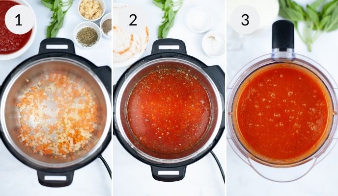 Stages of soup in the Instant pot, before during and after.
