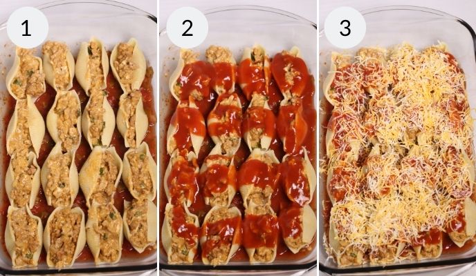 Assembling the Veal Mexican Stuffed Shells in a glass baking dish, adding the layers of cheese and sauce.