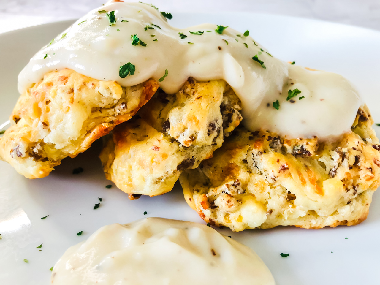 Cheddar and sausage biscuits with gravy.
