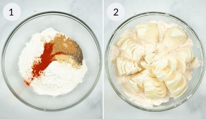 Two images: Image 1 shows a bowl of flour, spices, and seasonings ready for crafting delicious treats like an air fryer blooming onion. Image 2 displays slices of banana layered over a creamy mixture in a bowl.