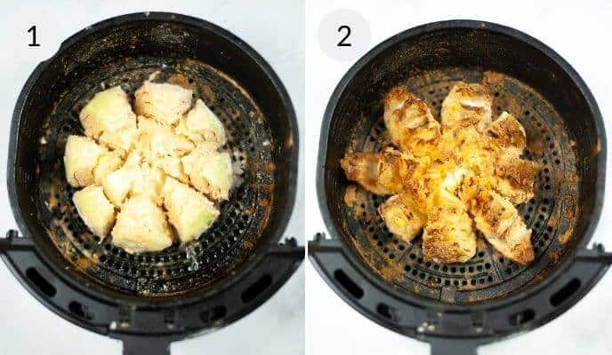 Two images in an air fryer: the left shows an uncooked, seasoned onion cut in a blossom shape, while the right reveals a perfectly golden brown appetizer.