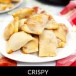 A plate of air fryer pizza rolls, perfectly crispy and golden, sits invitingly on a red and white checked cloth.