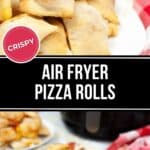 A plate of crispy Air Fryer Pizza Rolls sits enticingly on the table, the label proudly boasting "Crispy." In the background, a red and white checkered napkin adds a touch of charm.