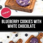Blueberry White Chocolate Cookies: Delicious purple blueberry cookies with white chocolate chunks rest on wooden boards, surrounded by scattered blueberries and chocolate chips.