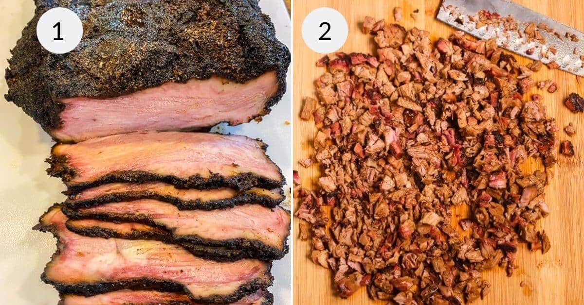 Image shows two stages of preparing smoked meat. Photo 1 features a sliced smoked brisket with a dark bark layer. Photo 2 displays the chopped brisket, perfect for a sandwich, on a wooden cutting board with a knife.