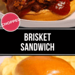 A close-up of a chopped brisket sandwich with barbecue sauce on a bun, labeled "chopped." It is served with a side of potato chips.