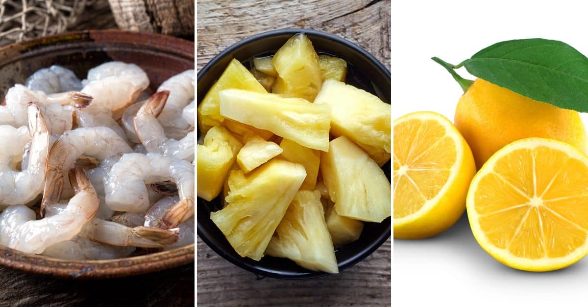 A segmented image showing raw shrimp in a bowl on the left, a bowl of pineapple chunks in the center, and lemon halves with leaves on the right, perfect ingredients for preparing Hawaiian Garlic Shrimp Skewers.