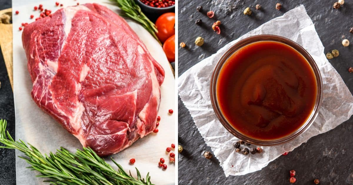 On the left, a raw beef cut on parchment garnished with rosemary and peppercorns. On the right, a bowl of barbecue sauce. 
